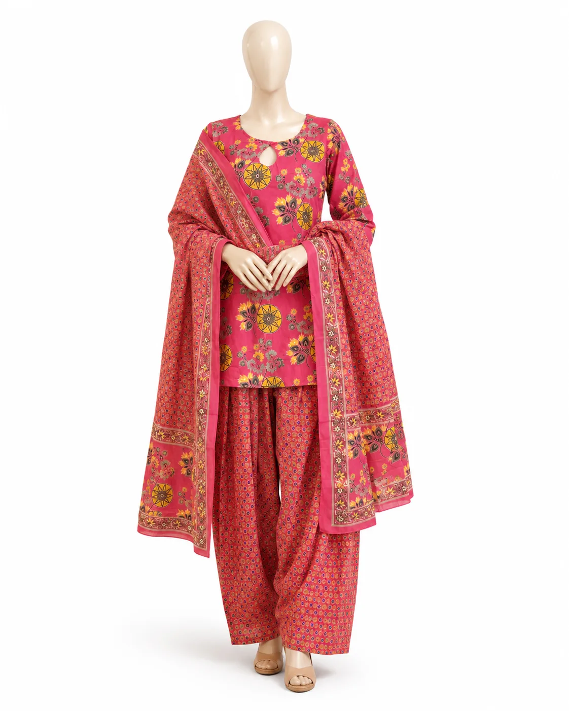 Women’s Printed Kurta Salwar Dupatta Set in Beige and Brown view 2